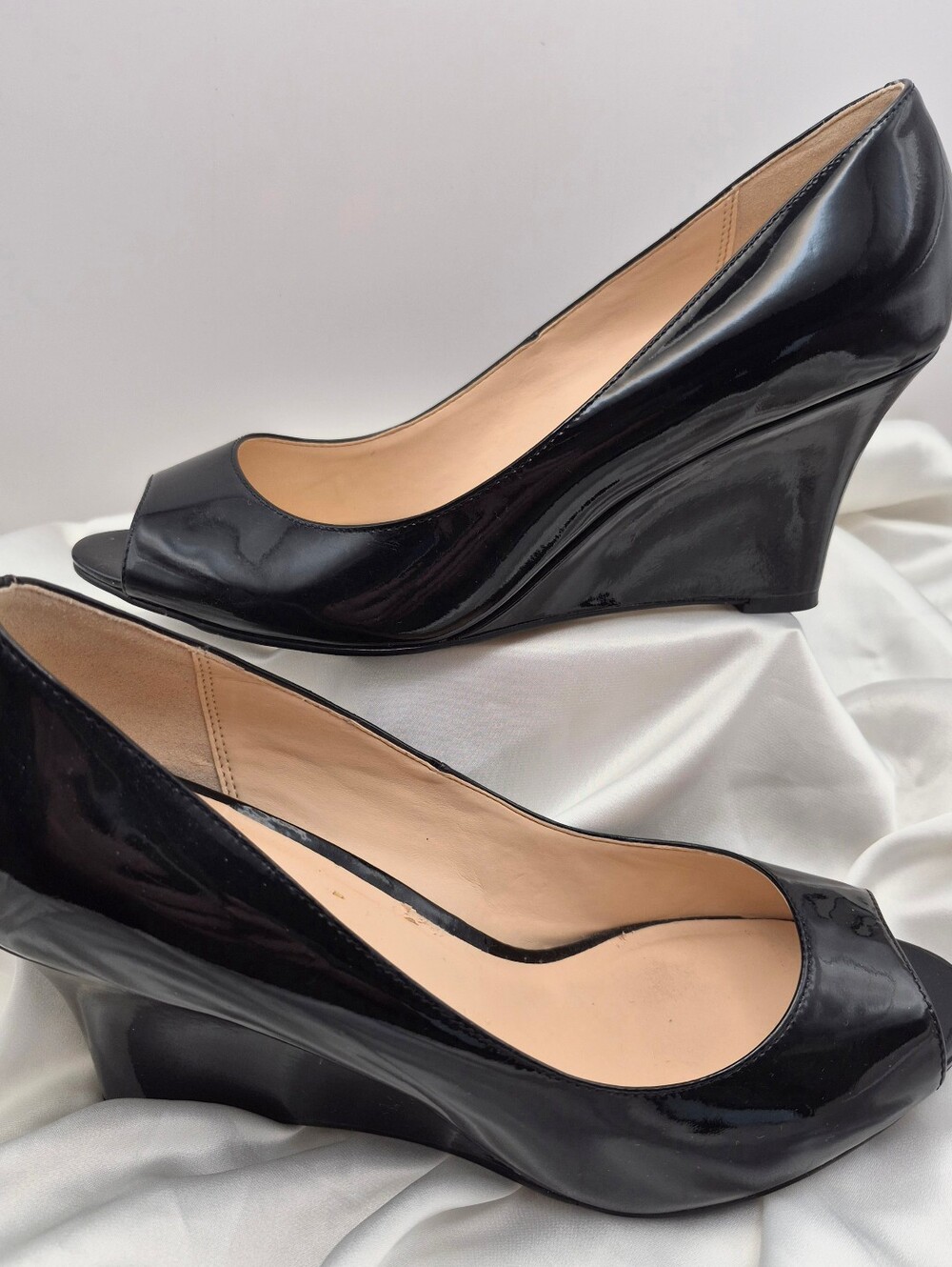 Cole Haan GRAND.OS Black Patent Leather Peep Toe Wedge Pumps Size 8.5B